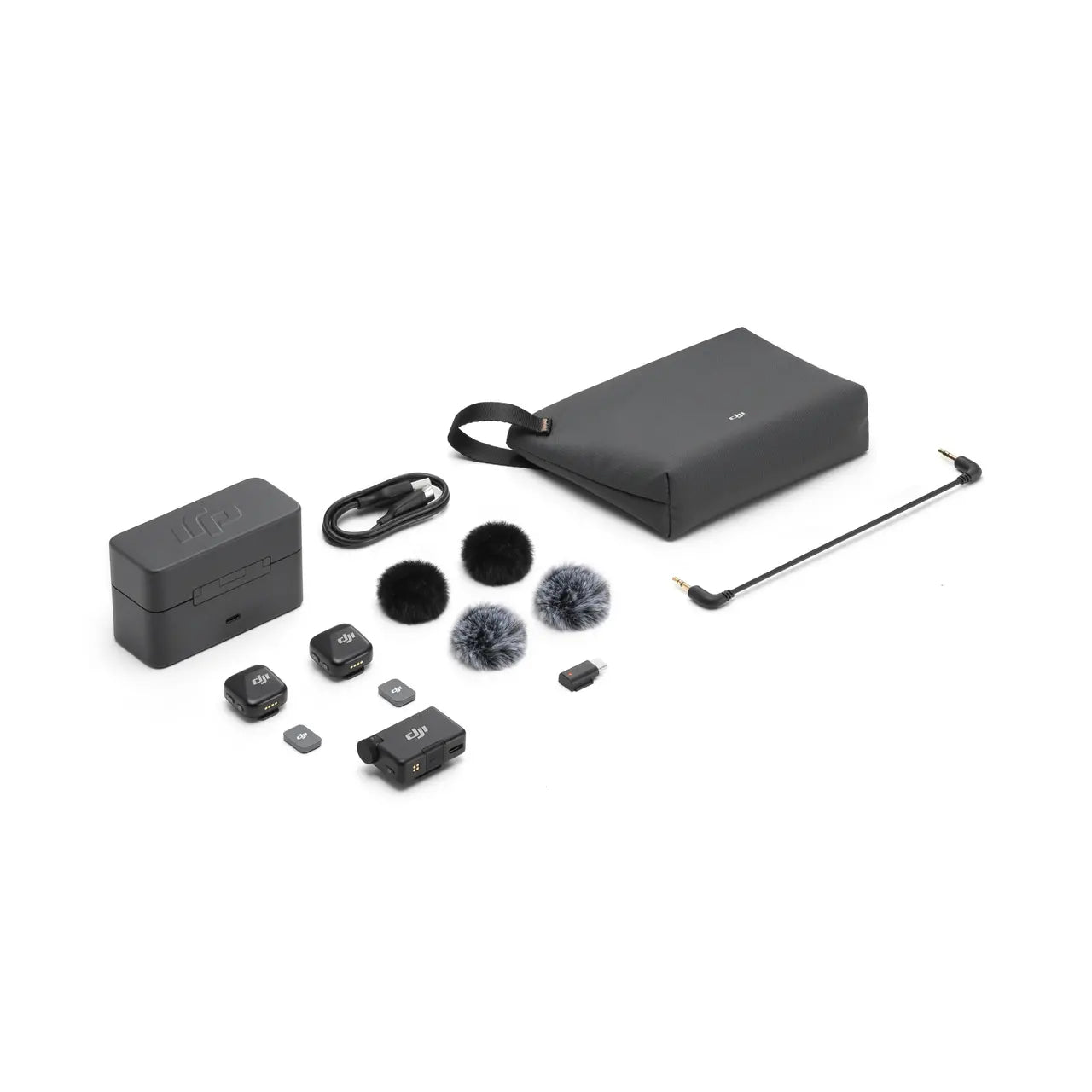 Collection of DJI Mic Mini black audio equipment on a white background