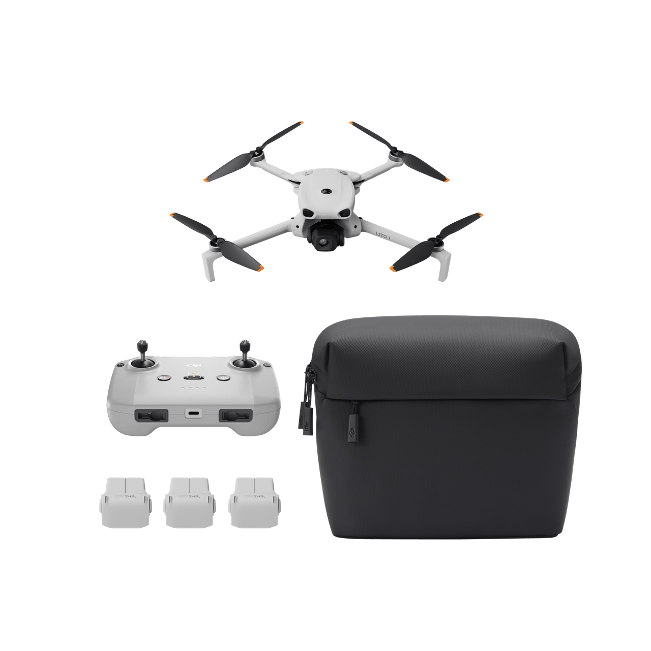 Drone with controller, battery packs, and carrying case on a transparent background