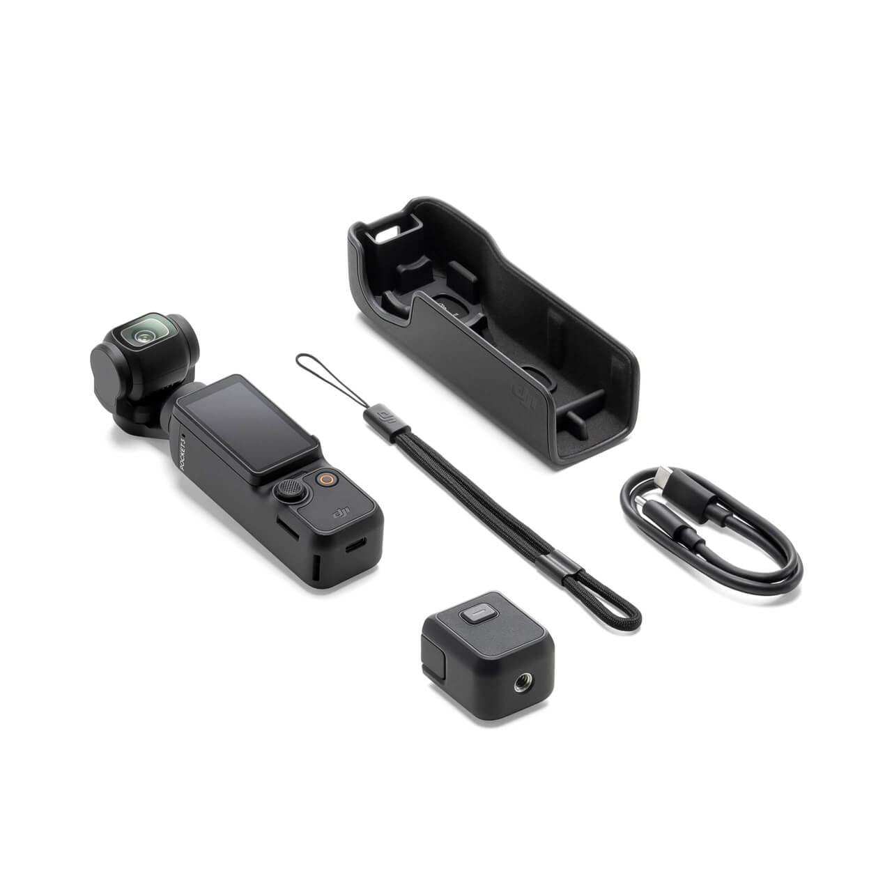Set of osmo pocket 3 devices including a camera, battery, and holder on a white background