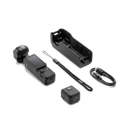 Set of osmo pocket 3 devices including a camera, battery, and holder on a white background