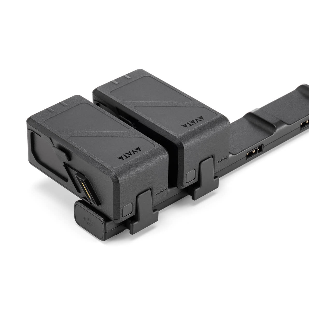 Black electronic device with multiple connectors on a white background