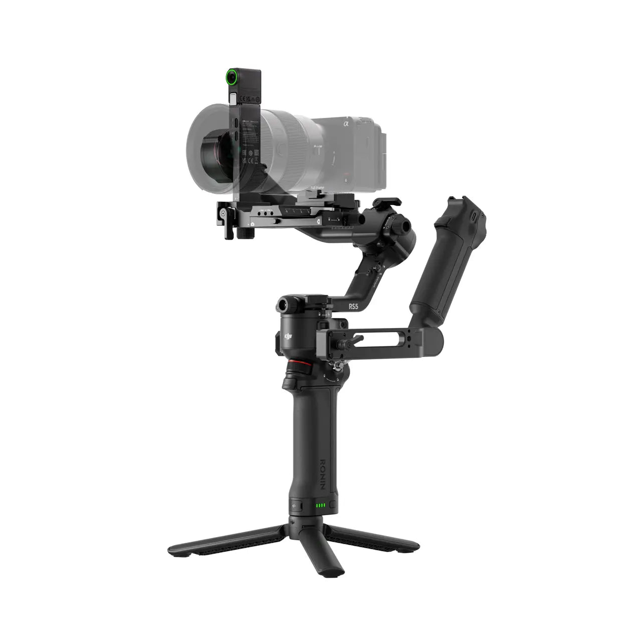 Camera stabilizer with a camera attached on a white background