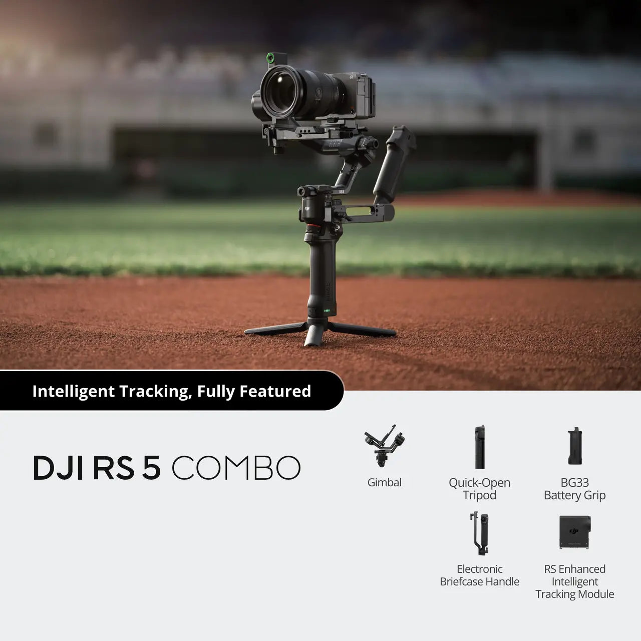 DJI RS 5 Combo gimbal on a sports field with branding and feature text.