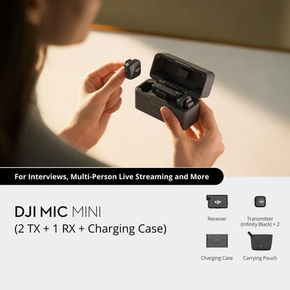 DJI Mic Mini setup with transmitter, receiver, and charging case on a neutral background