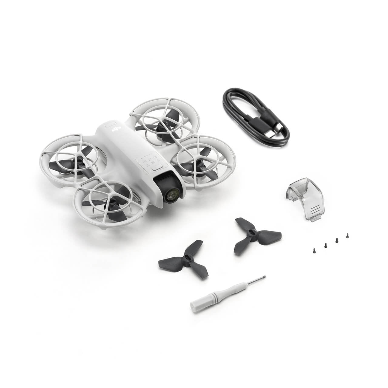 DJI Neo White drone with propellers and tools on a white background