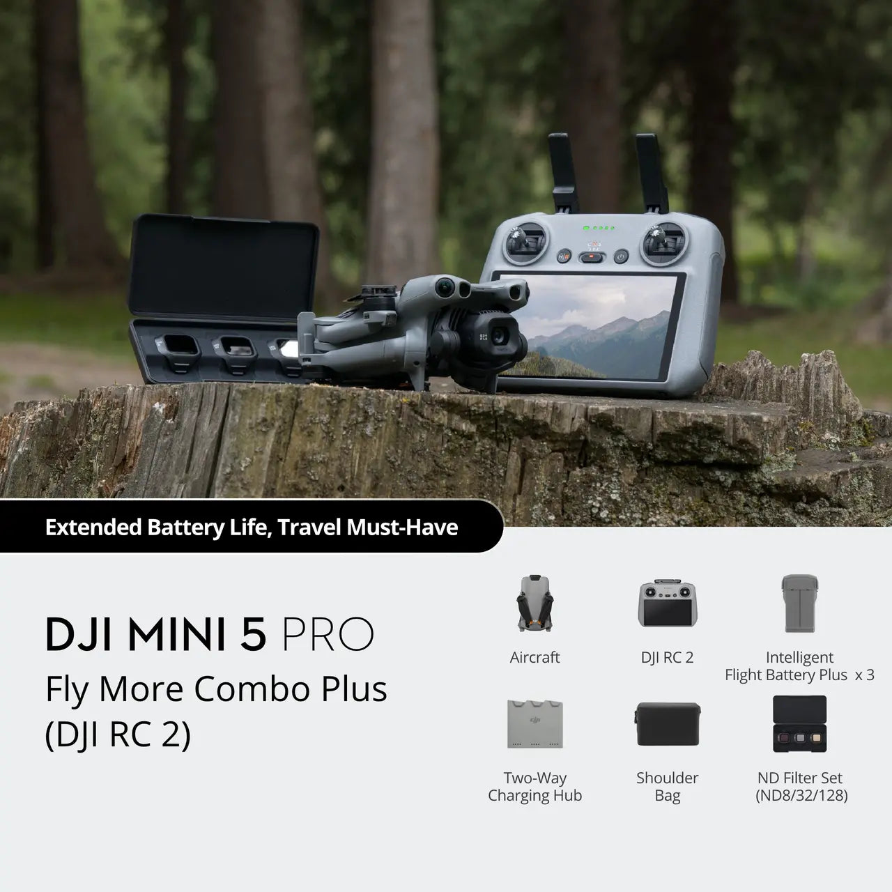 DJI Mini 5 Pro Fly More Combo Plus on a wooden stump with a forest background