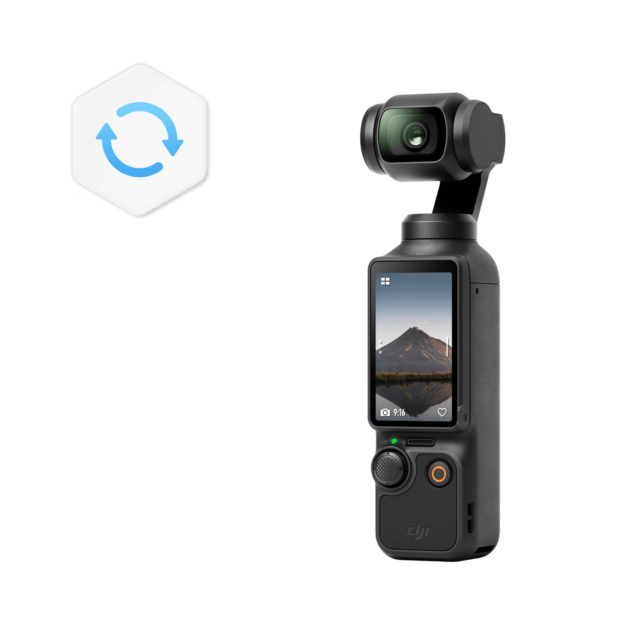 DJI Osmo Pocket camera with screen displaying a mountain scene on a black background