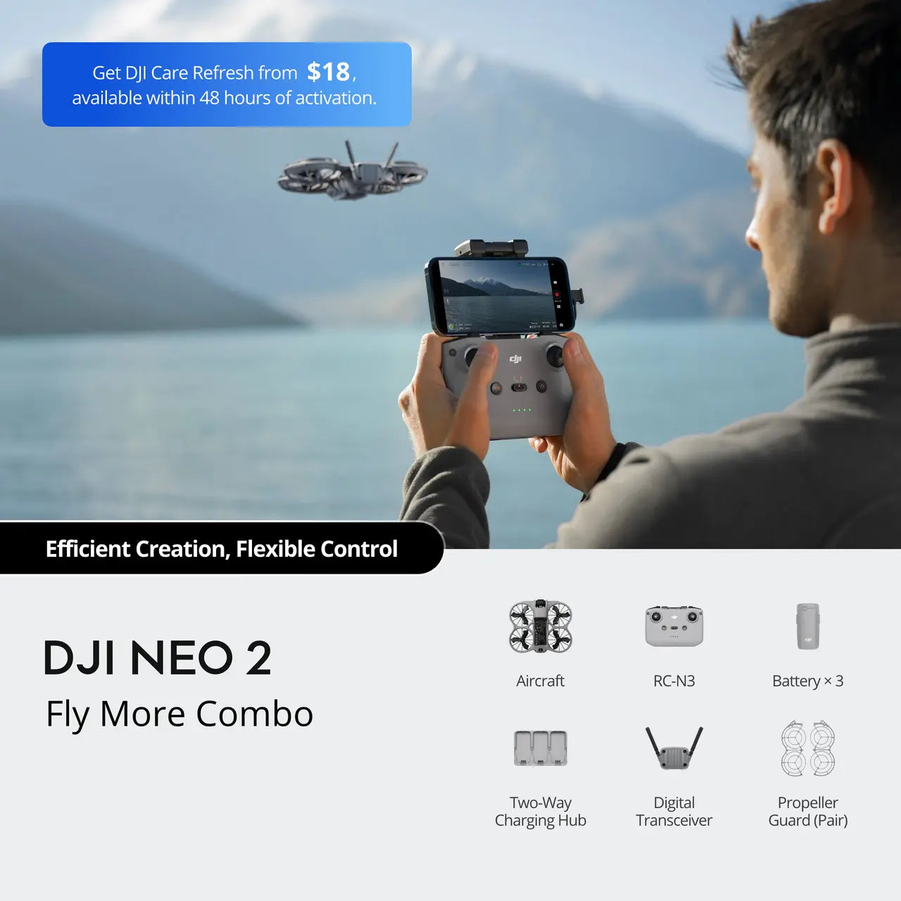 Person holding a smartphone with DJI drone app, scenic background