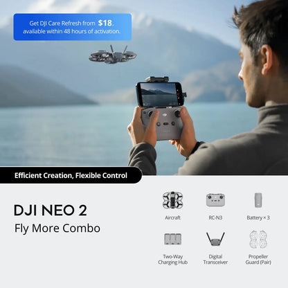 Person holding a smartphone with DJI drone app, scenic background