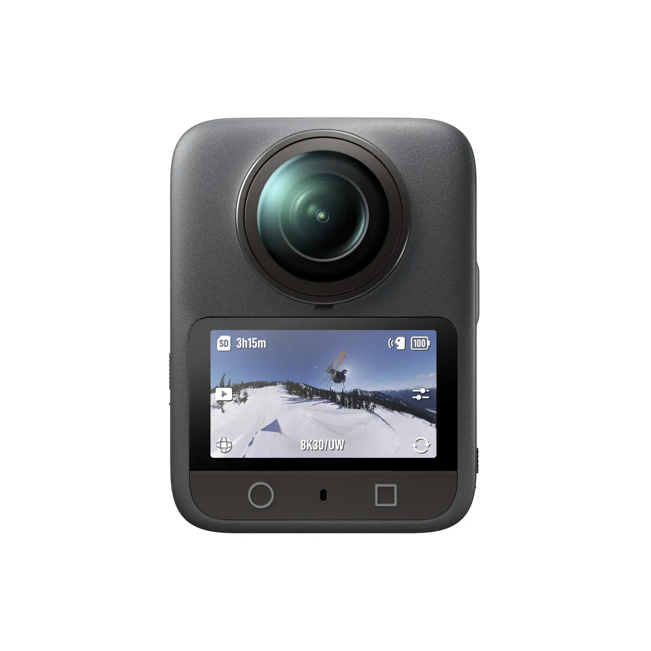 Osmo 360 Action camera with screen displaying a snowy landscape on a white background