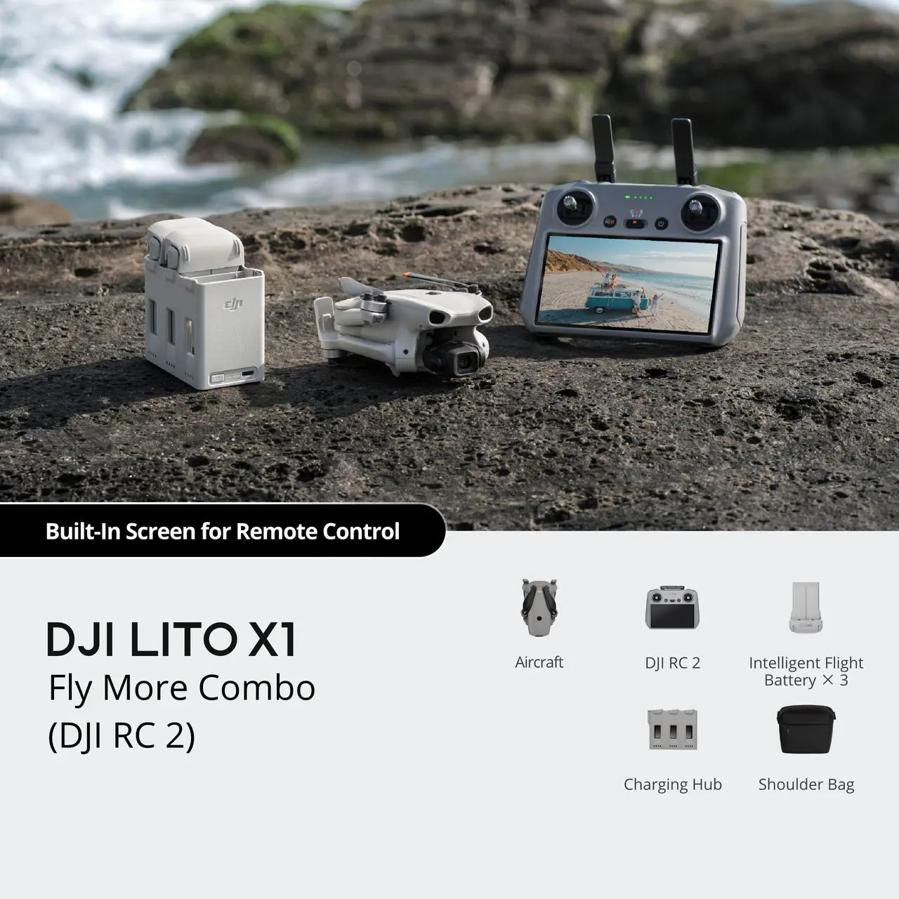 DJI LITO X1 Fly More Combo with remote control and accessories on a rocky surface near water.