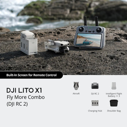 DJI LITO X1 Fly More Combo with remote control and accessories on a rocky surface near water.