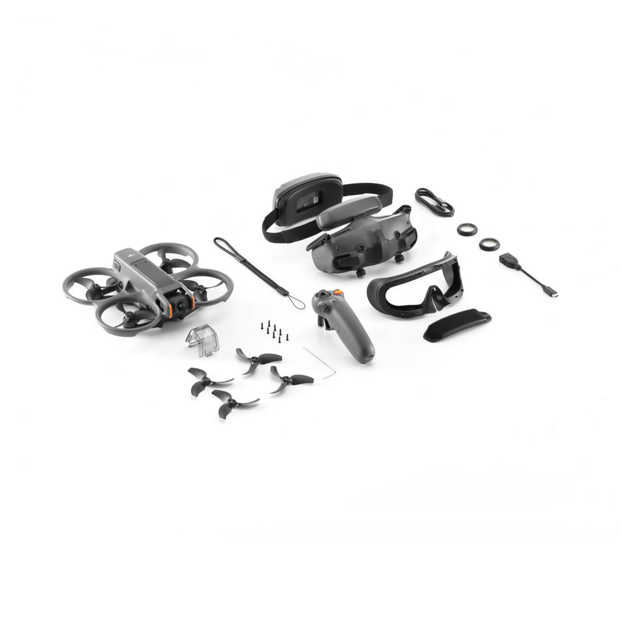 Disassembled DJI Avata 2 drone with all parts on a white background