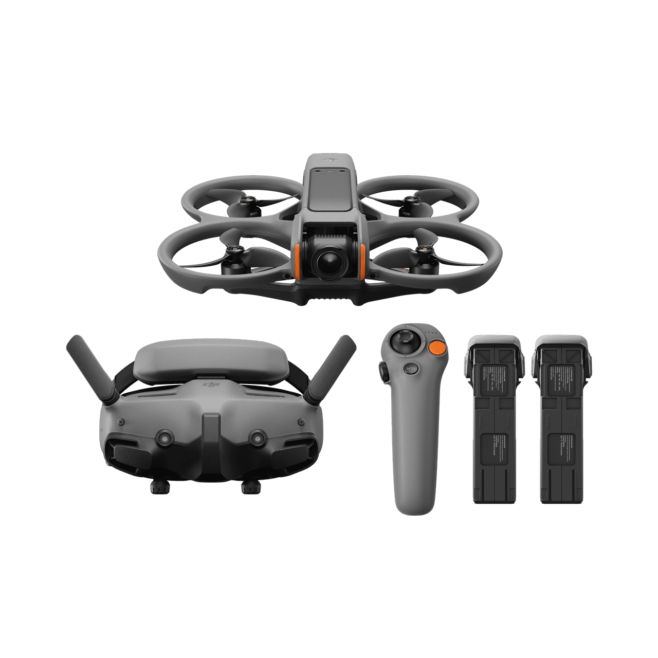 DJI Avata 2 Drone set with drone, controller, and batteries on a white background