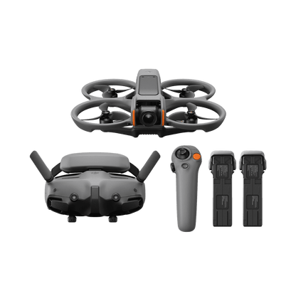 DJI Avata 2 Drone set with drone, controller, and batteries on a white background