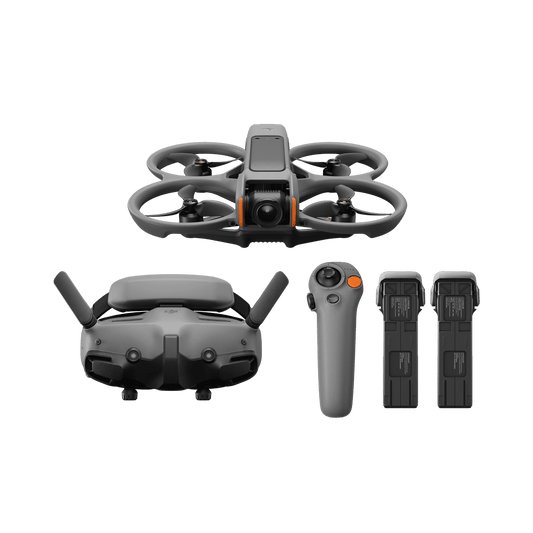 DJI Avata 2 Drone set with drone, controller, and batteries on a white background