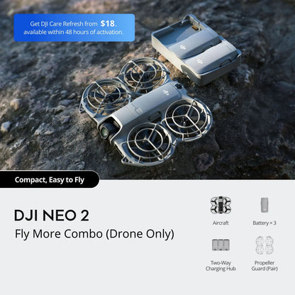 DJI NEO 2 Fly More Combo drone on a rocky surface with promotional text.