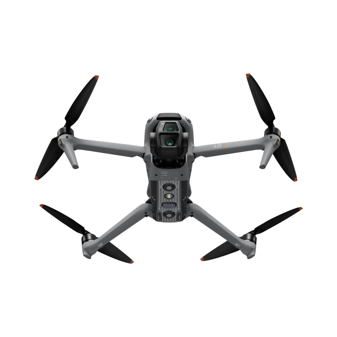 Gray drone with black propellers on a white background