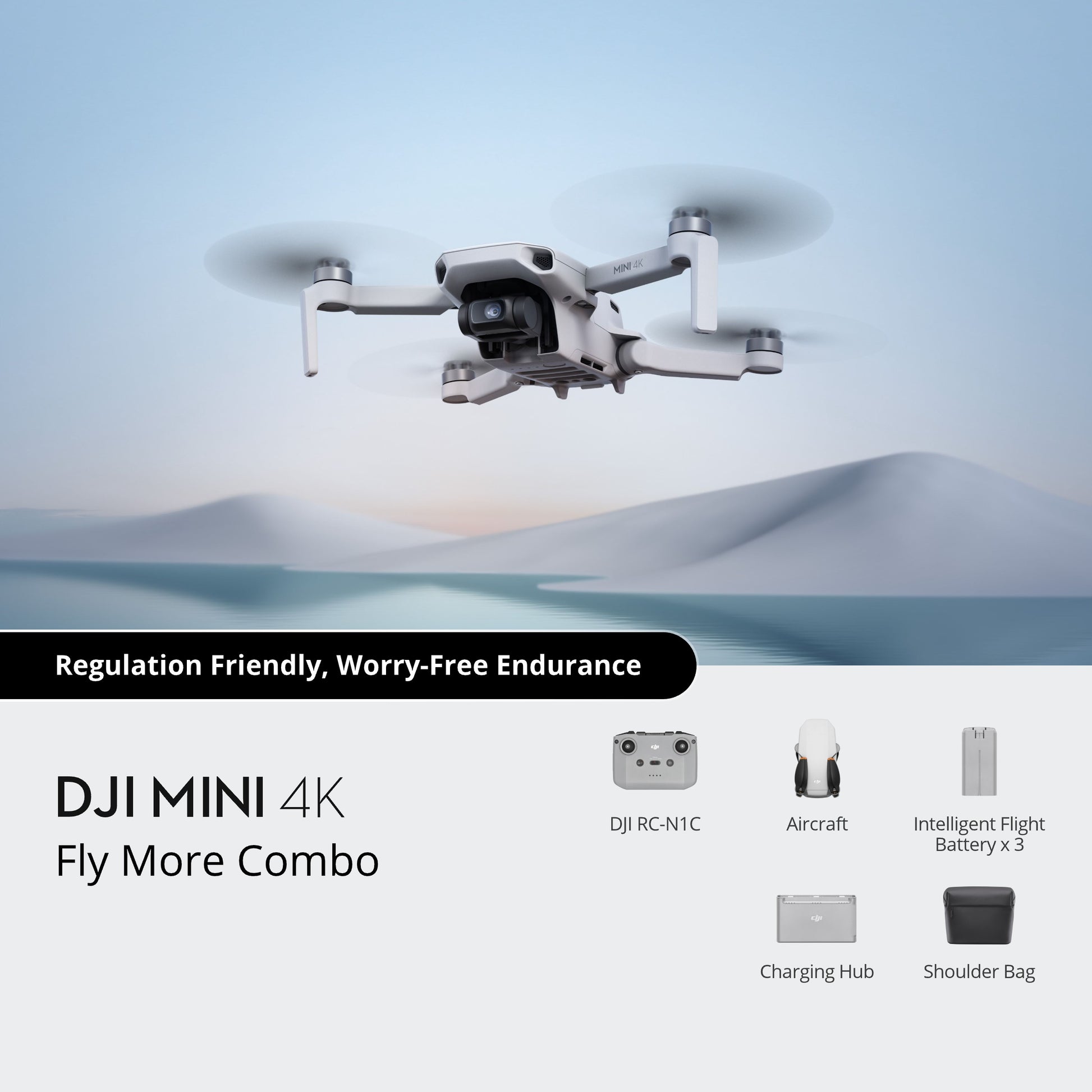 DJI Mini 4K drone with accessories on a scenic background
