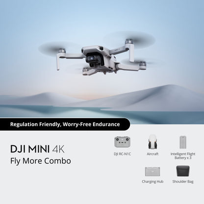 DJI Mini 4K drone with accessories on a scenic background