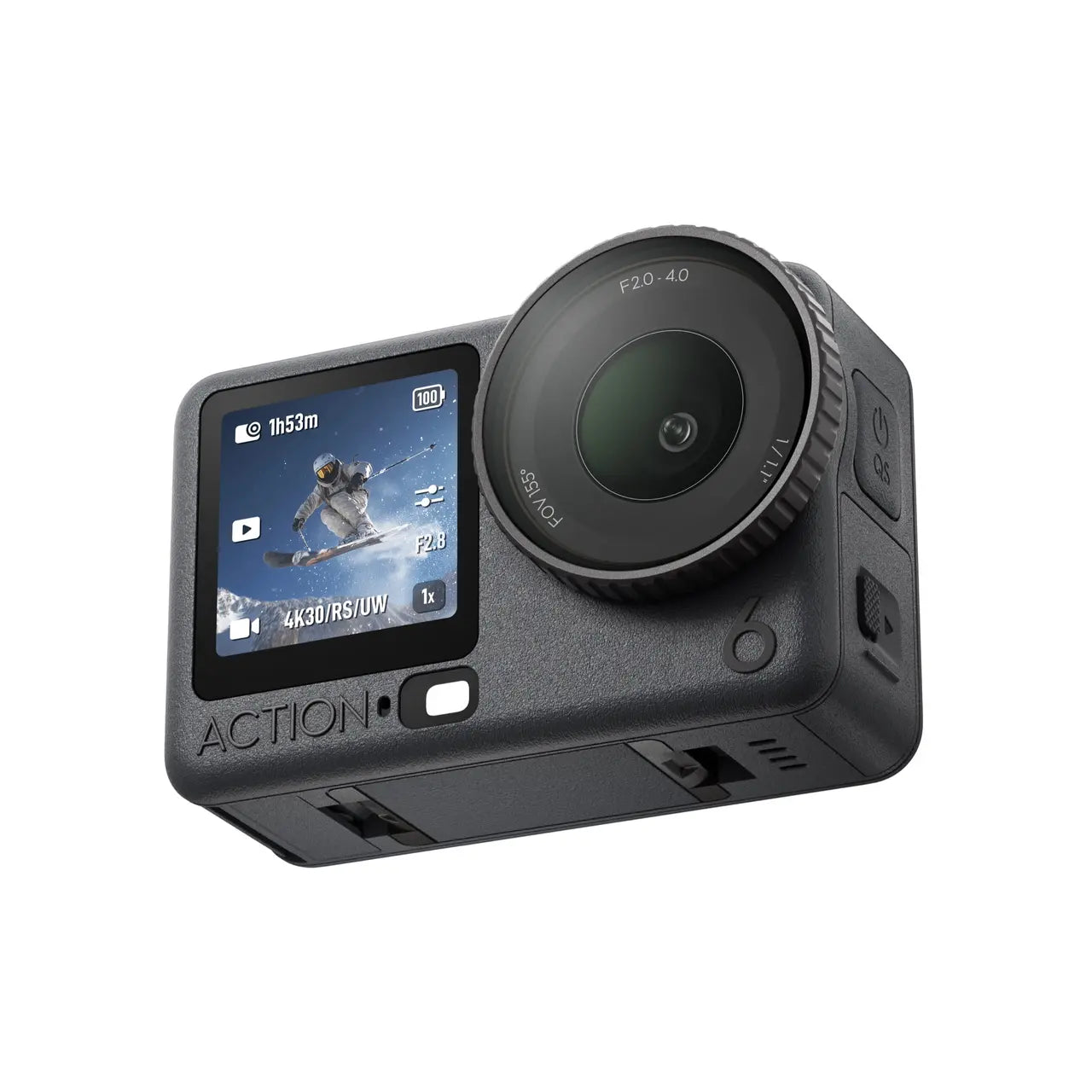 Black action camera with display screen on a white background