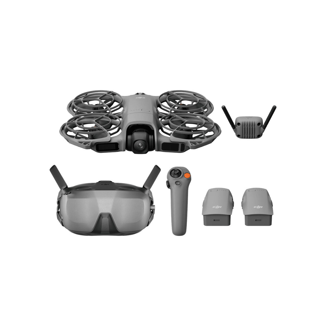 Collection of drone components including a drone, goggles, remote control, and accessories on a black background.