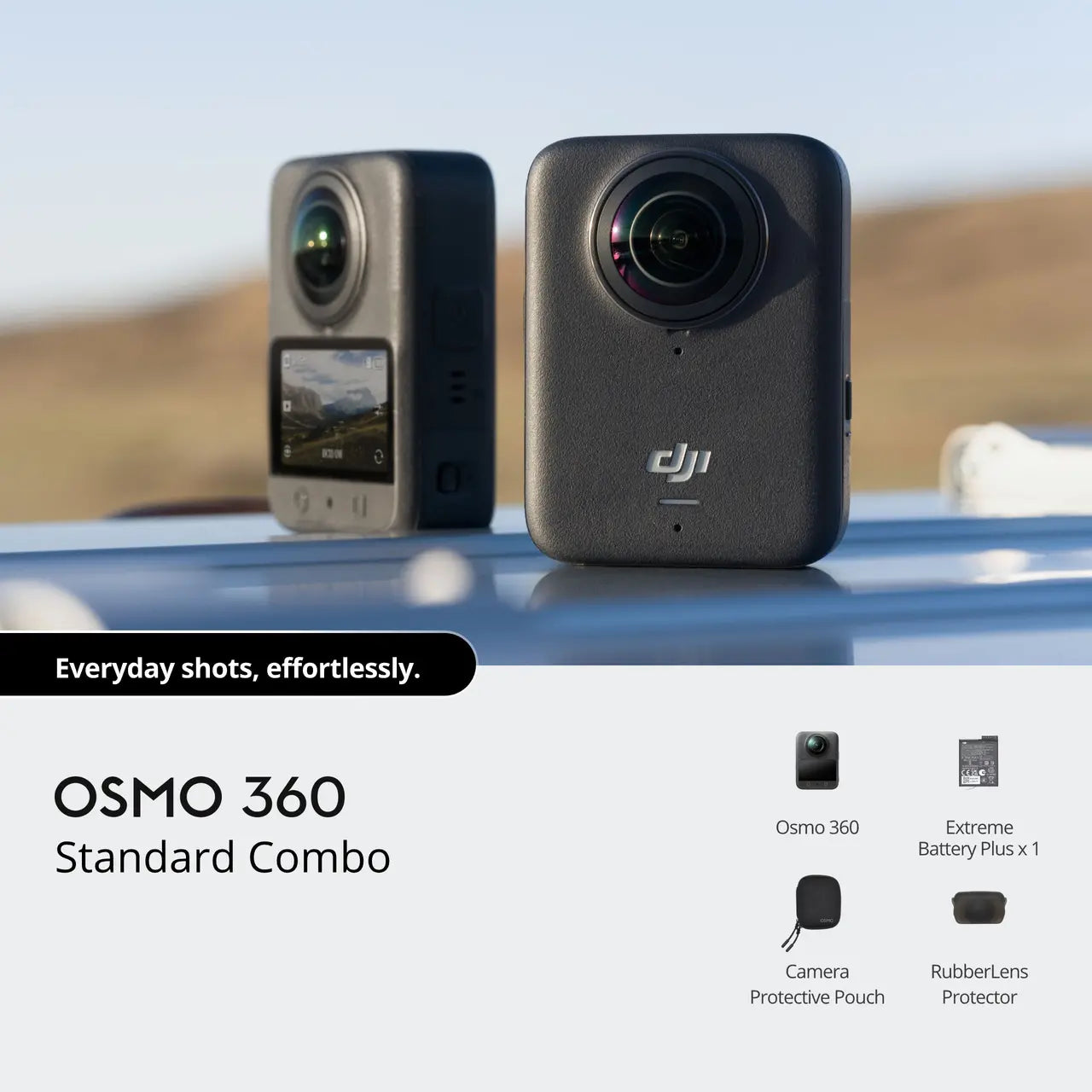 DJI Osmo 360 camera on a car roof with desert landscape in the background