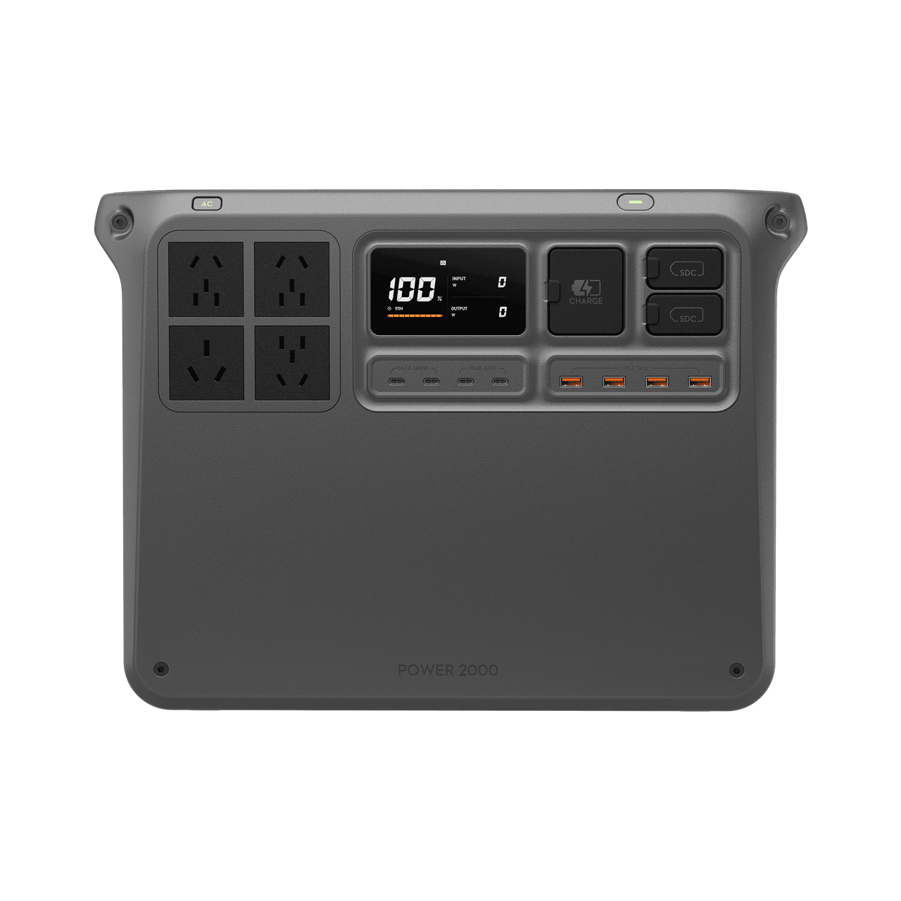 Power inverter with multiple outlets and display on a white background