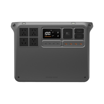 Power inverter with multiple outlets and display on a white background