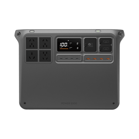 Power inverter with multiple outlets and display on a white background