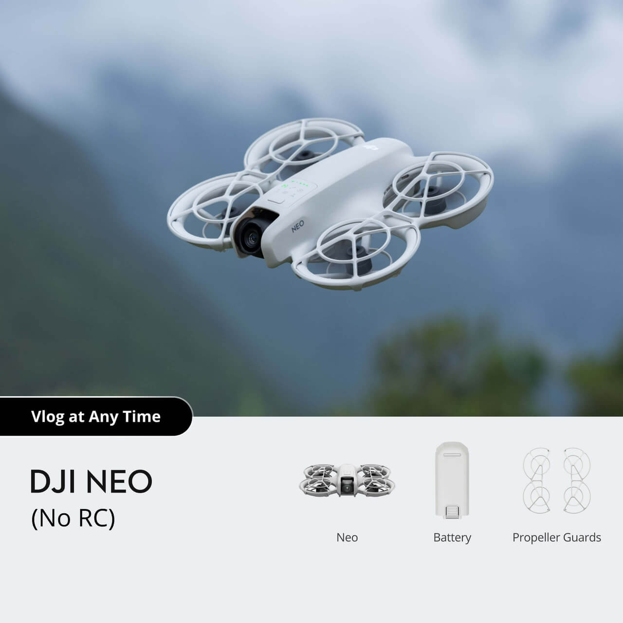 DJI Neo White drone flying against a mountainous background with product features listed below.