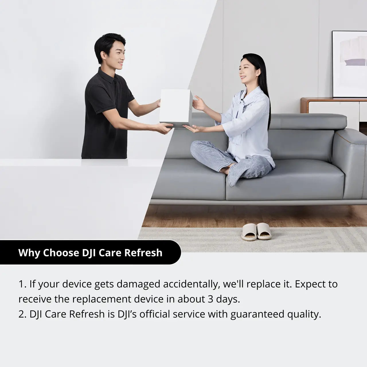 Two people in a living room setting with text about DJI Care Refresh service.