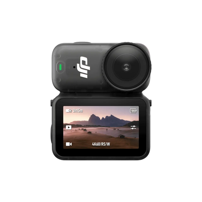 Action camera with screen displaying a mountainous landscape on a white background
