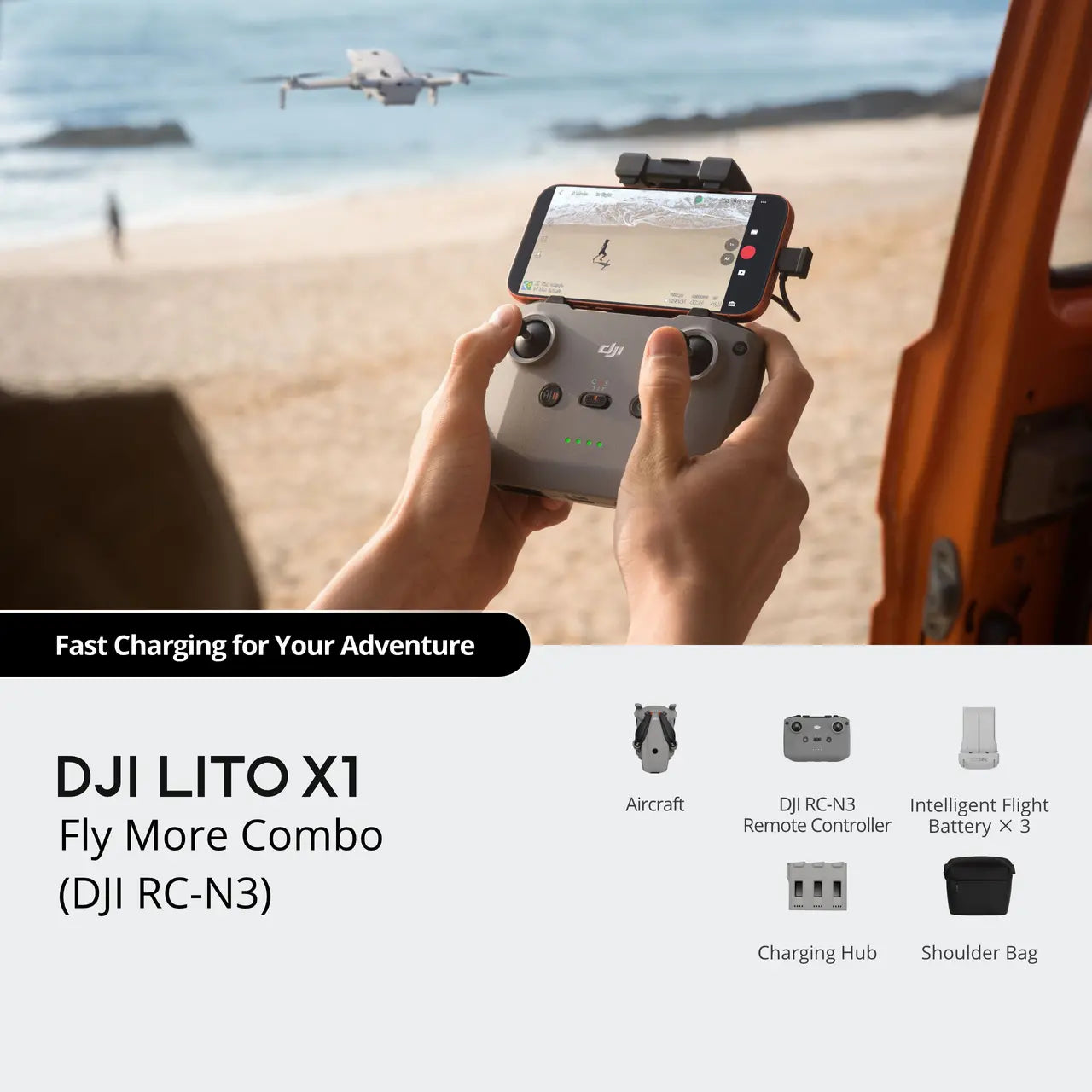 Person holding DJI LITO X1 Fly More Combo with drone in the background