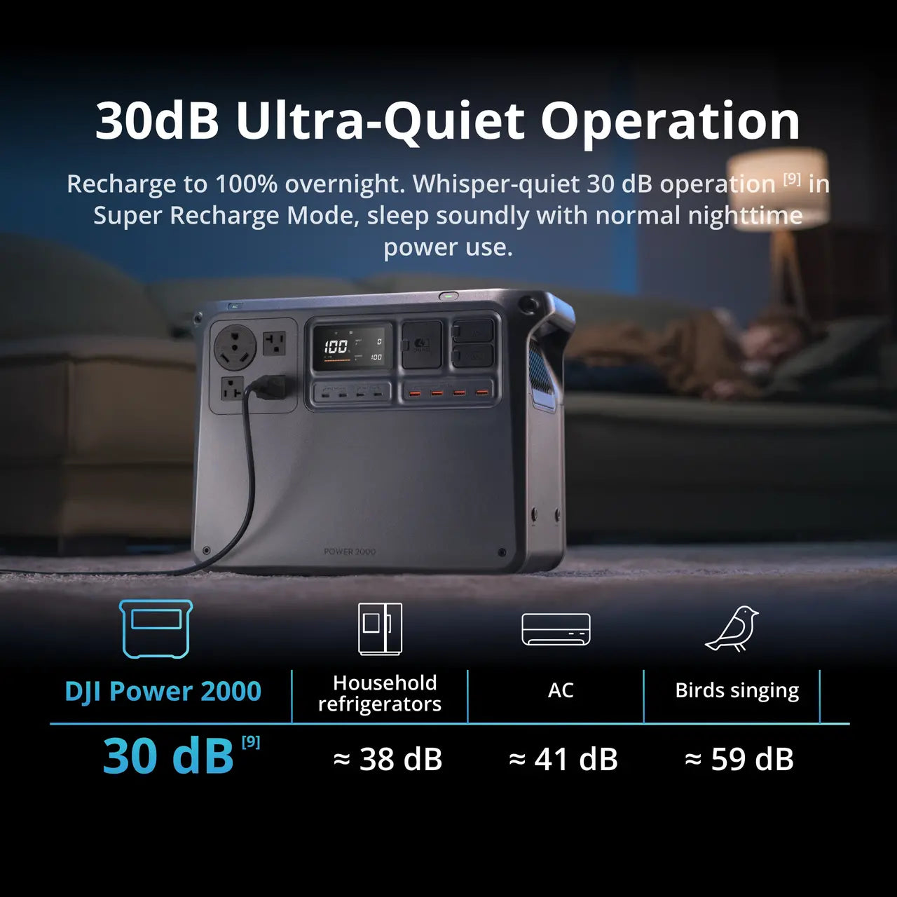 Portable power station with 30dB ultra-quiet operation feature on a dark background
