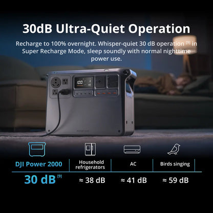 Portable power station with 30dB ultra-quiet operation feature on a dark background