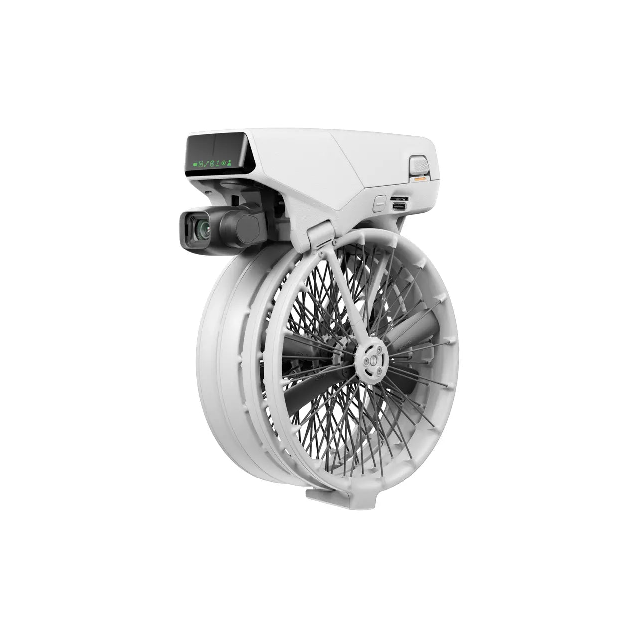 DJI flip drone with propellers folded in white background