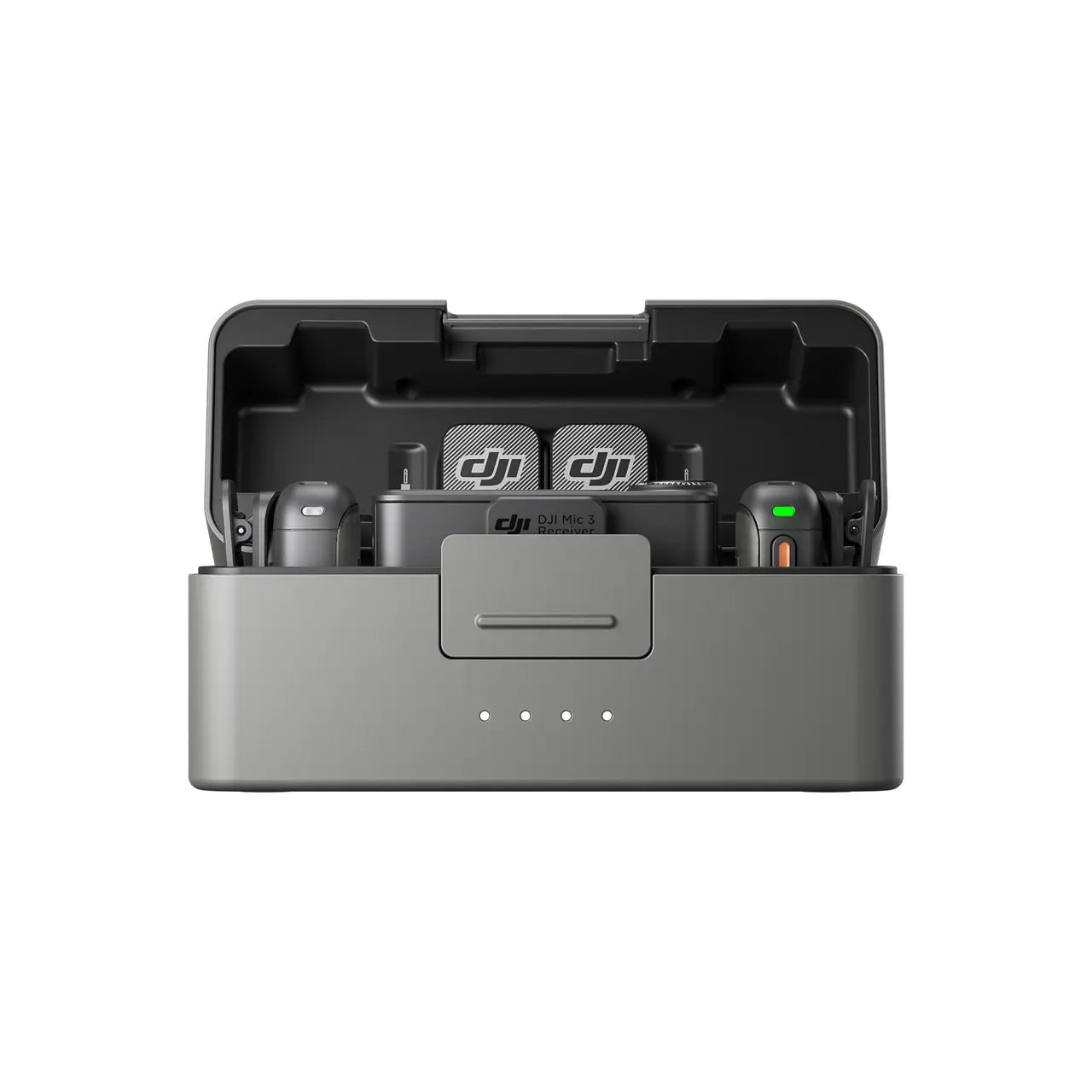 Gray battery charging station with DJI Mic 3 logo on a white background