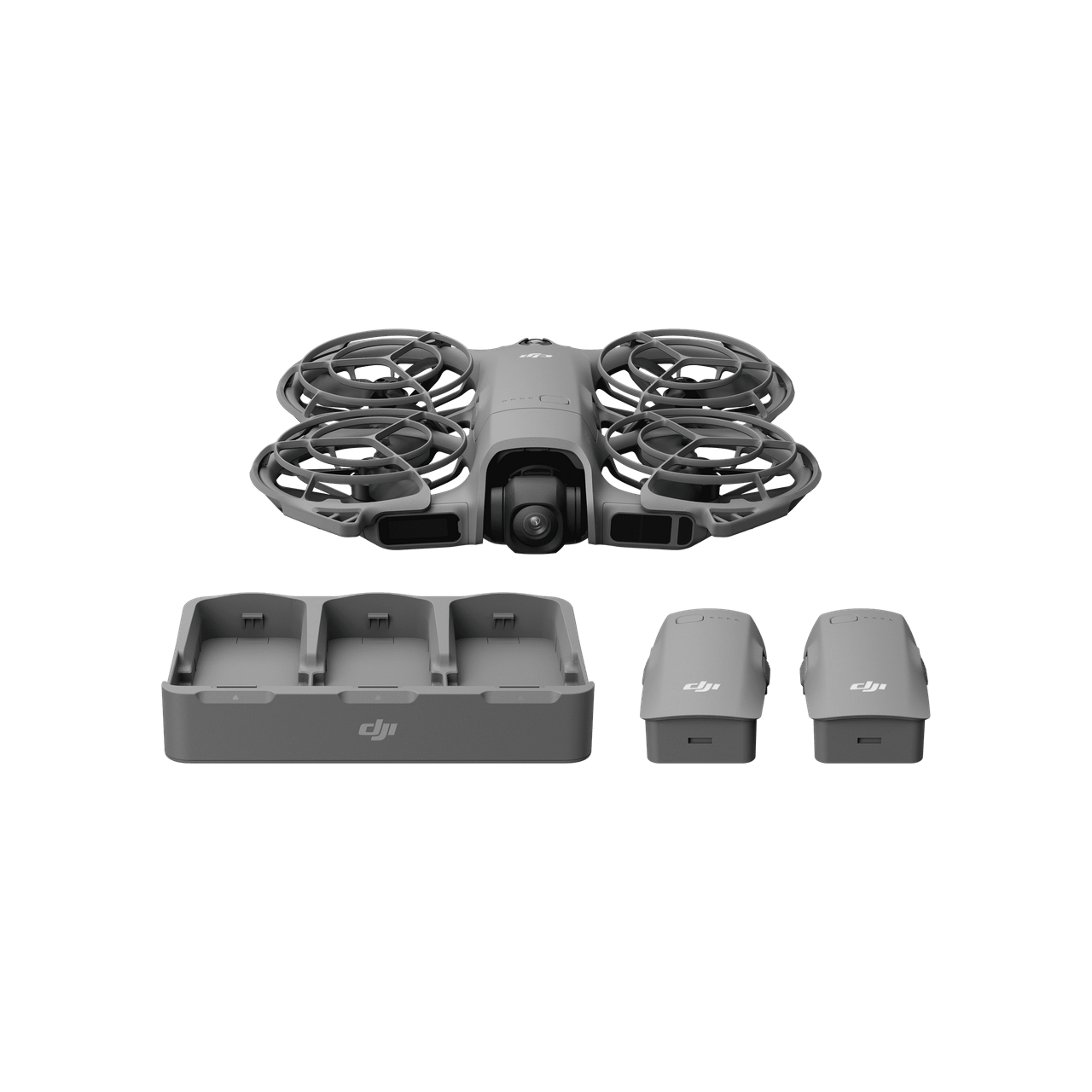 DJI drone and accessories on a black background