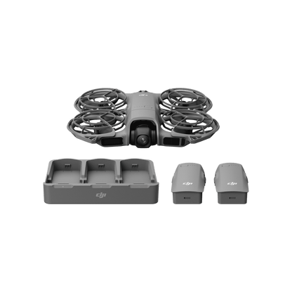 DJI drone and accessories on a black background