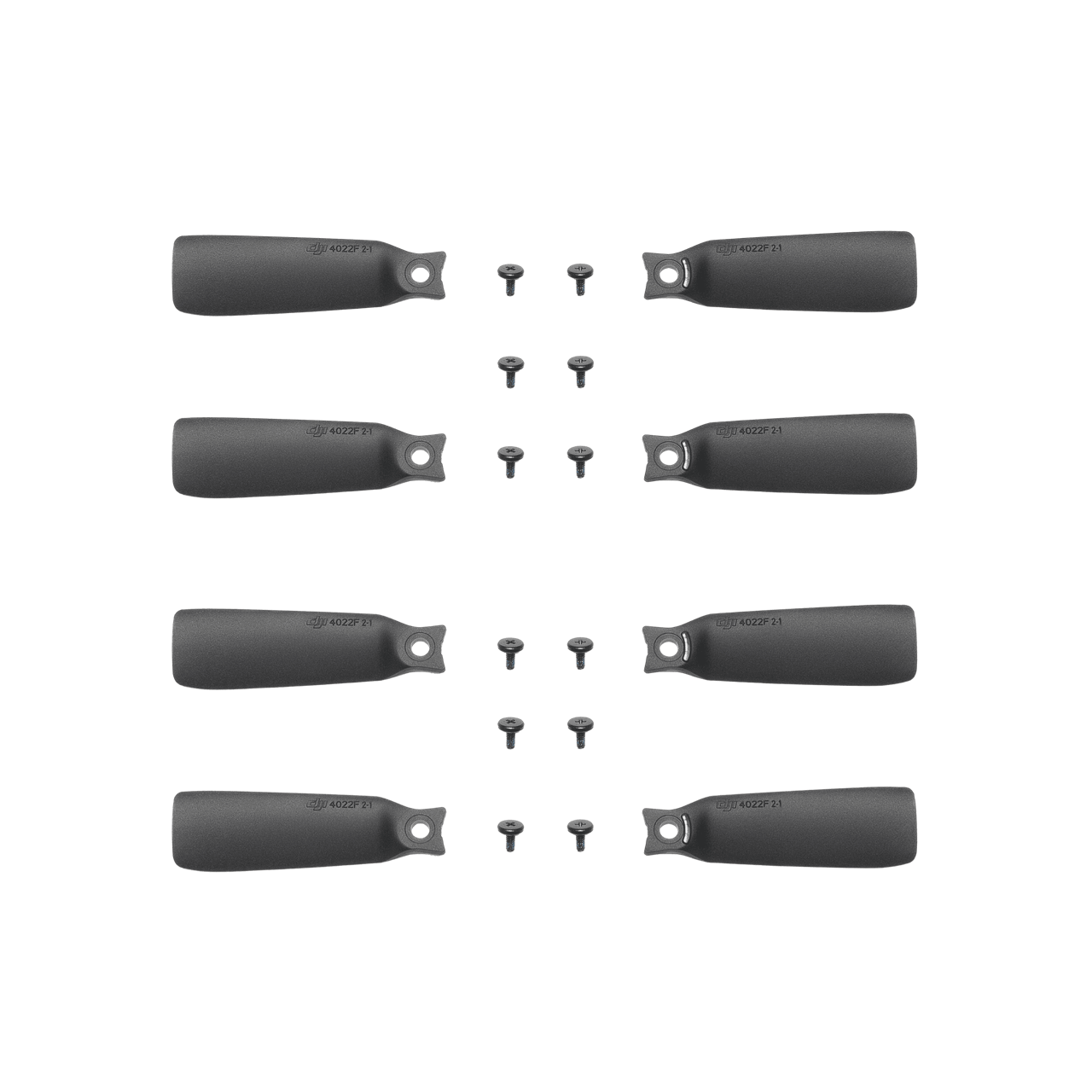 Set of eight gray propellers with screws on a black background