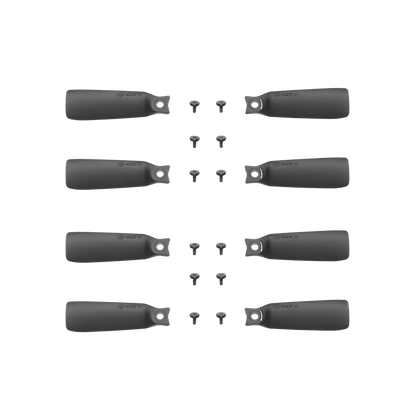 Set of eight gray propellers with screws on a black background