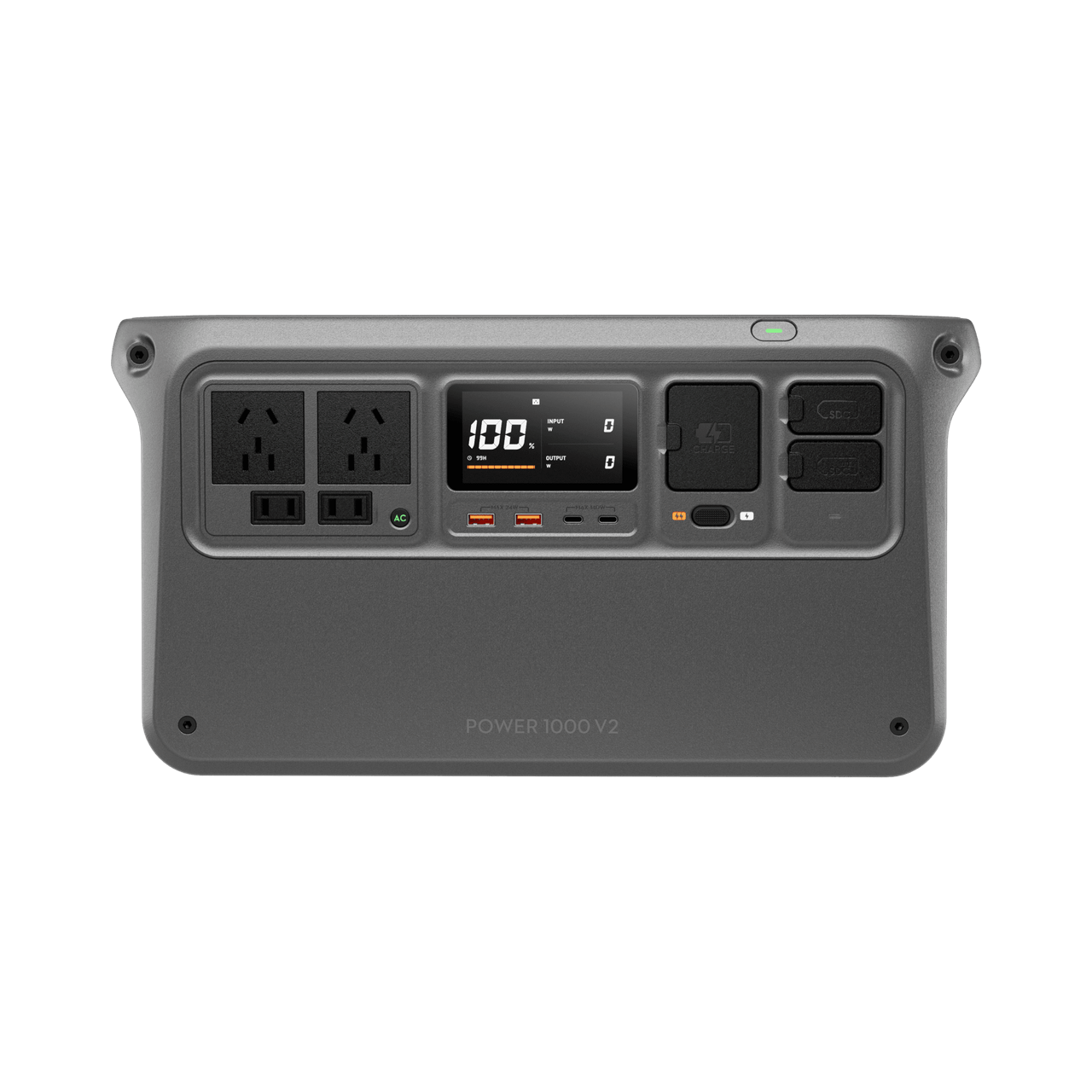 Power station with multiple outlets and display on a white background