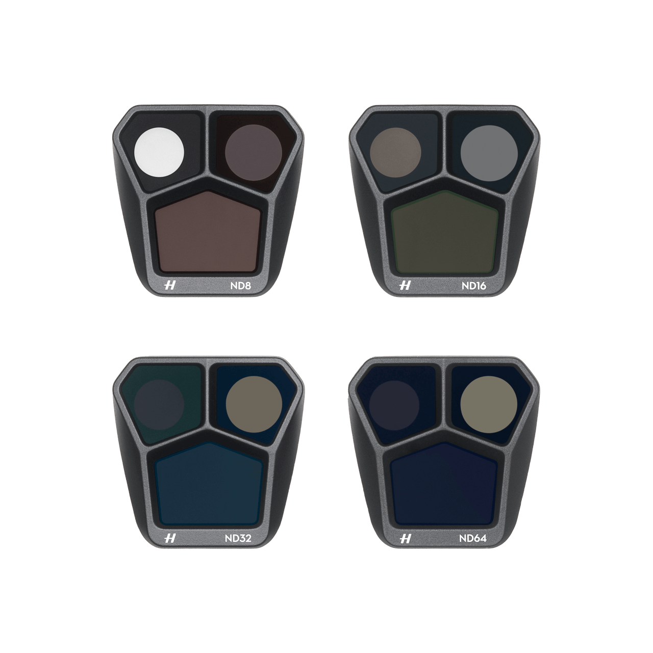 Four filter holders with different ND values on a black background