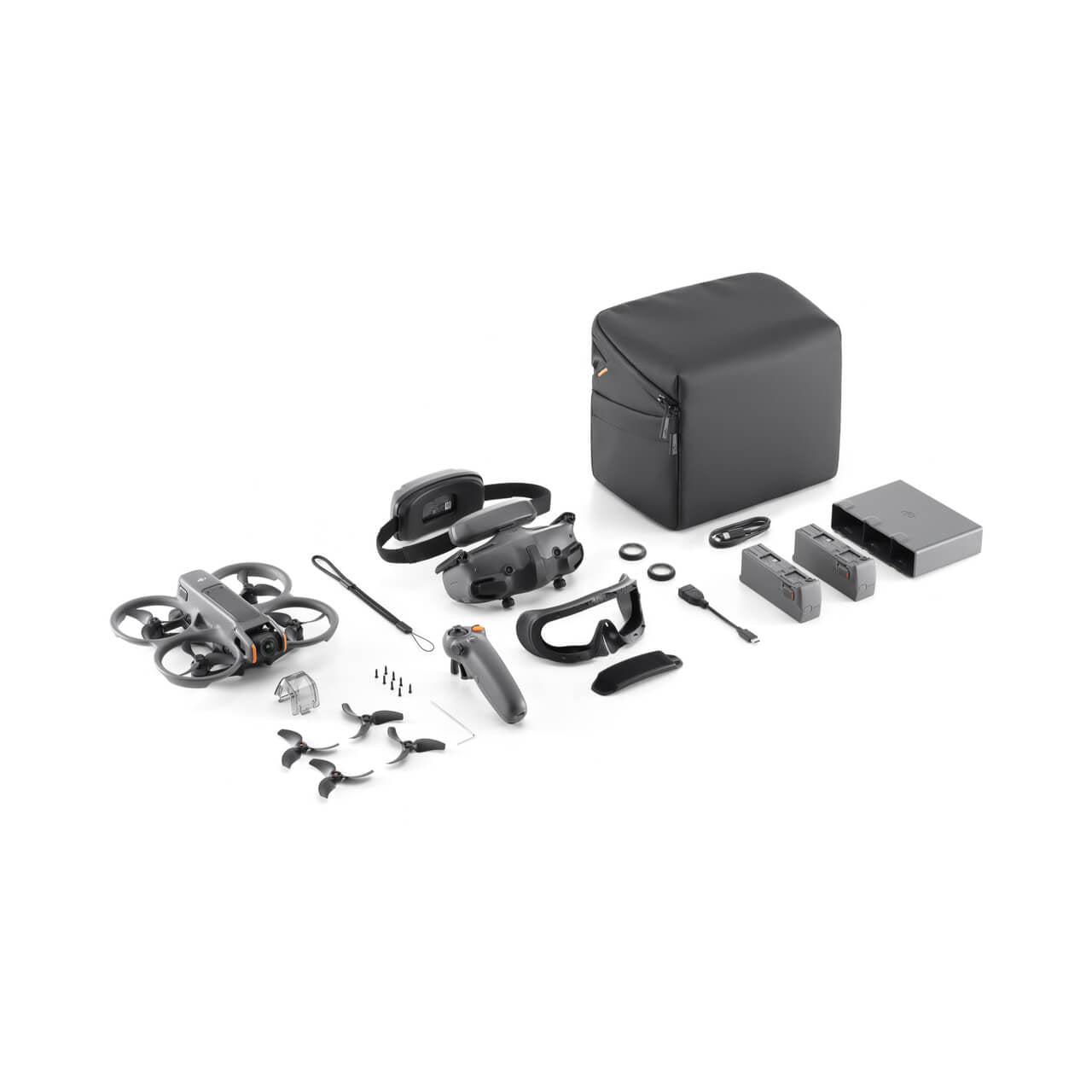 Collection of DJI Avata 2 drone accessories and a black carrying case on a white background