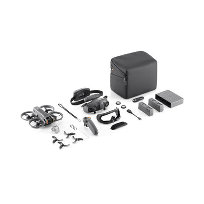 Collection of DJI Avata 2 drone accessories and a black carrying case on a white background