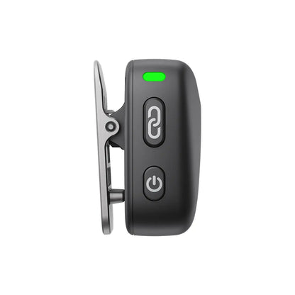 Black Bluetooth DJI Mic Mini with power and link buttons on a white background