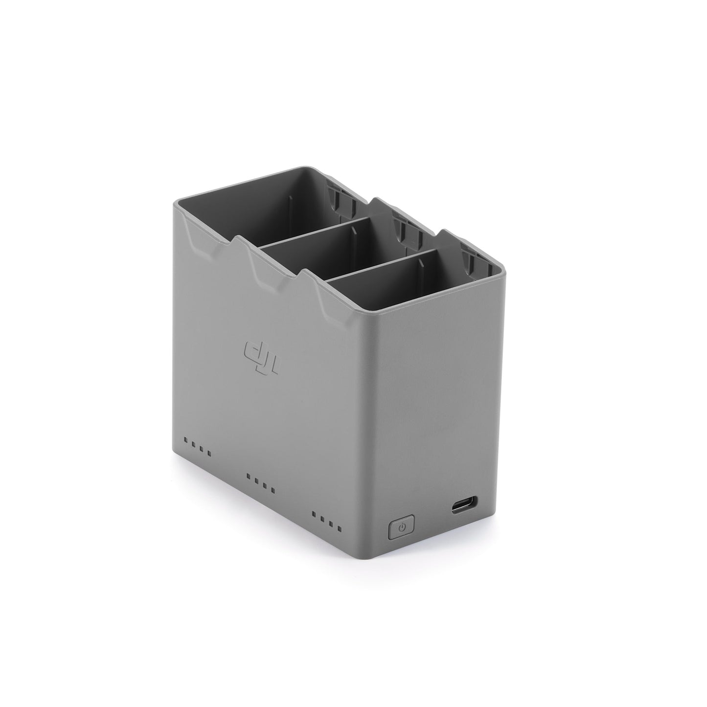 Gray battery charger with two slots on a white background