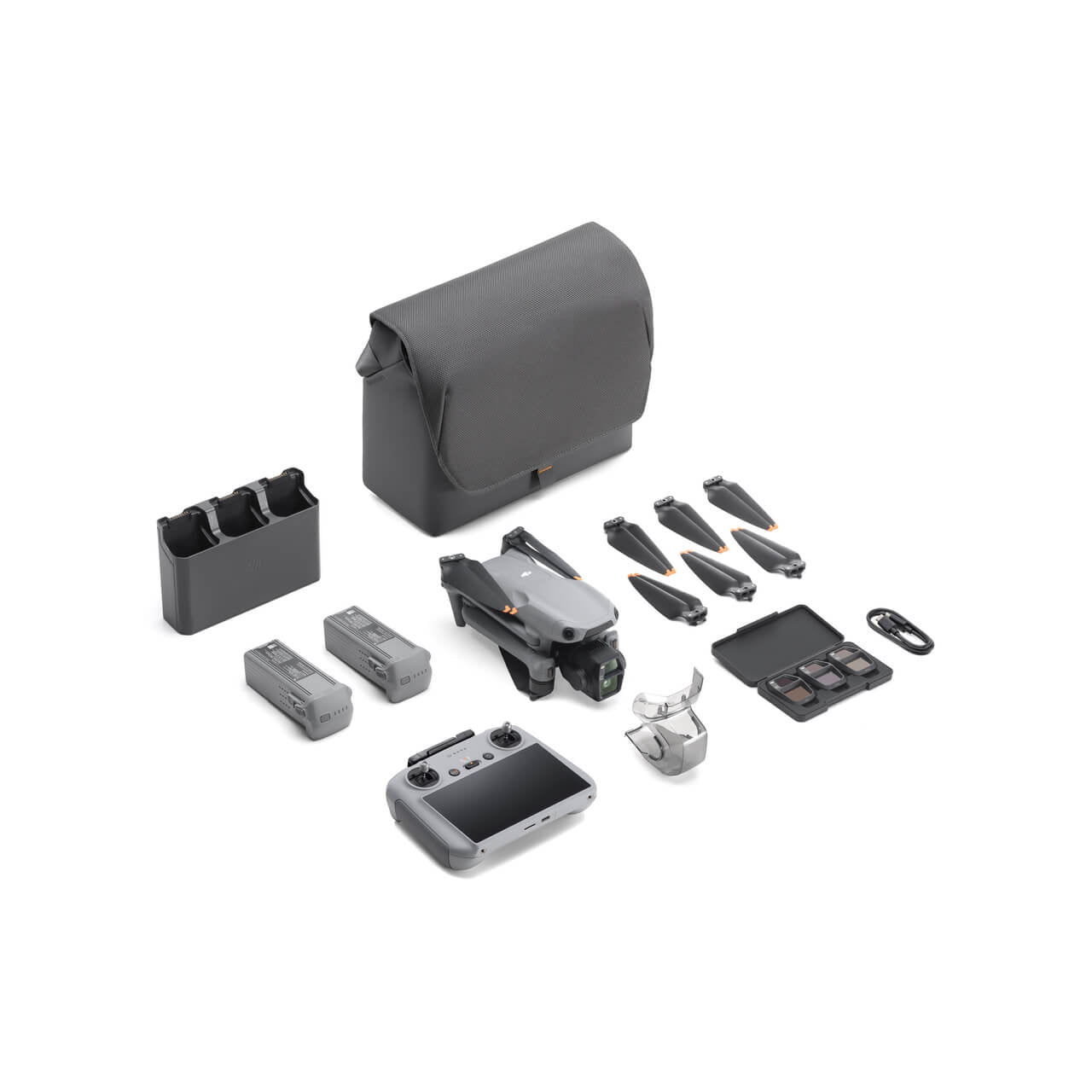 Collection of DJI Air 3S drone parts and accessories on a white background