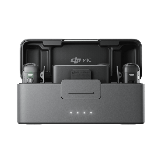 DJI Mic 2 device with charging station on a white background